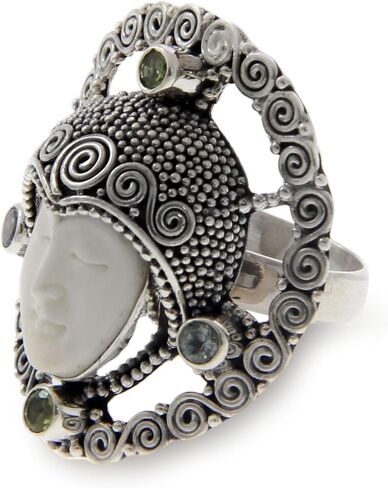 NOVICA Artisan Handmade Cow Bone Peridot Cocktail Ring .925 Sterling Silver Blue Topaz Green Indonesia Birthstone Moon 'Regal Queen' in Saudi Arabia