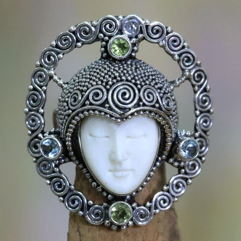 NOVICA Artisan Handmade Cow Bone Peridot Cocktail Ring .925 Sterling Silver Blue Topaz Green Indonesia Birthstone Moon 'Regal Queen' in Saudi Arabia