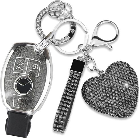 Key Fob Cover with Diamond Keychain for Mercedes Benz Car Key Shell Compatible with Mercedes Benz C E M S CLS CLA GLK GLA GLC GLE AMG Class Remote Key for Women (3 Buttons-Silver Heart) in Kuwait