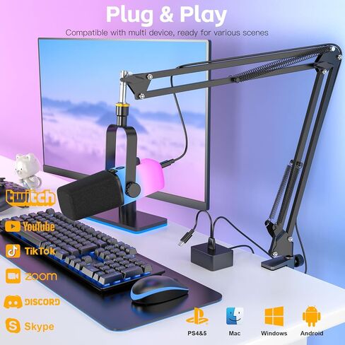 ZealSound USB Gaming Microphone,PC Microphone for phone tablet with RGB for Streaming Podcast Vocal Recording ASMR, Computer Mic with Noise Cancellation,Mute Button,Gain Knob,Desktop Arm Boom Stand in Kuwait