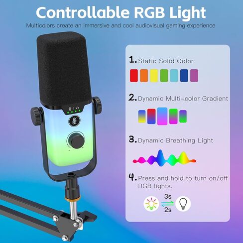 ZealSound USB Gaming Microphone,PC Microphone for phone tablet with RGB for Streaming Podcast Vocal Recording ASMR, Computer Mic with Noise Cancellation,Mute Button,Gain Knob,Desktop Arm Boom Stand in Kuwait