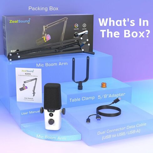 ZealSound USB Gaming Microphone,PC Microphone for phone tablet with RGB for Streaming Podcast Vocal Recording ASMR, Computer Mic with Noise Cancellation,Mute Button,Gain Knob,Desktop Arm Boom Stand in Kuwait