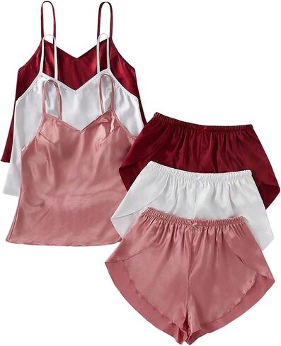 GORGLITTER Women's 6 Piece Silk Satin Pajama Set V Neck Sleeveless Cami Tops and Shorts Lounge Set in Saudi Arabia