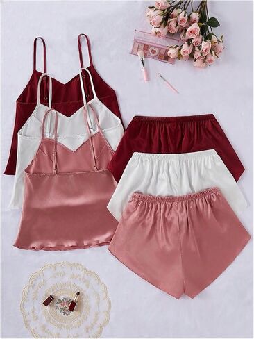 GORGLITTER Women's 6 Piece Silk Satin Pajama Set V Neck Sleeveless Cami Tops and Shorts Lounge Set in Saudi Arabia