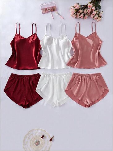 GORGLITTER Women's 6 Piece Silk Satin Pajama Set V Neck Sleeveless Cami Tops and Shorts Lounge Set in Saudi Arabia