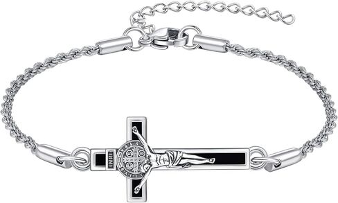 YFN Crucifix Cross Bracelet Sterling Silver St Benedict Medals Pendant Bracelet يسوع المعمودية المجوهرات الكاثوليكية المسيحية للنساء الرجال in Saudi Arabia