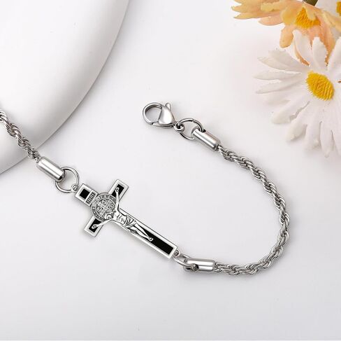 YFN Crucifix Cross Bracelet Sterling Silver St Benedict Medals Pendant Bracelet يسوع المعمودية المجوهرات الكاثوليكية المسيحية للنساء الرجال in Saudi Arabia