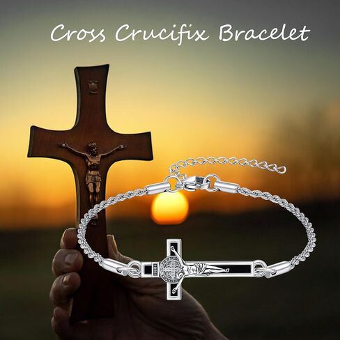 YFN Crucifix Cross Bracelet Sterling Silver St Benedict Medals Pendant Bracelet يسوع المعمودية المجوهرات الكاثوليكية المسيحية للنساء الرجال in Saudi Arabia