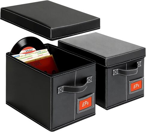 2-Pack 7-Inch Vinyl Record Storage Boxes – Black Faux Leather Record Holder & Case with Lid – Compact Storage Crate for Singles, EPs, Vinyl Rolls, and Accessories in Kuwait
