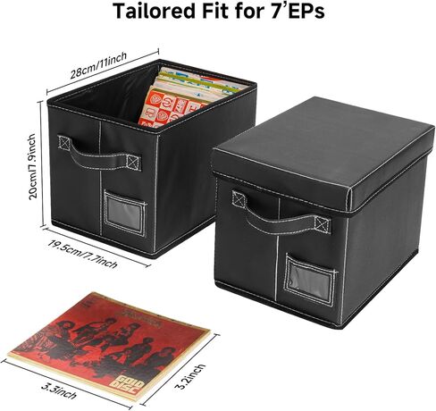 2-Pack 7-Inch Vinyl Record Storage Boxes – Black Faux Leather Record Holder & Case with Lid – Compact Storage Crate for Singles, EPs, Vinyl Rolls, and Accessories in Kuwait