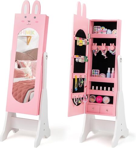 خزانة Costzon Kids Jewelry Armoire ، 45 بوصة منظم مع مرآة كاملة الطول ، فستان الغرور للأطفال مرآة مع التخزين ، خزانة للفتيات (الوردي) in Saudi Arabia