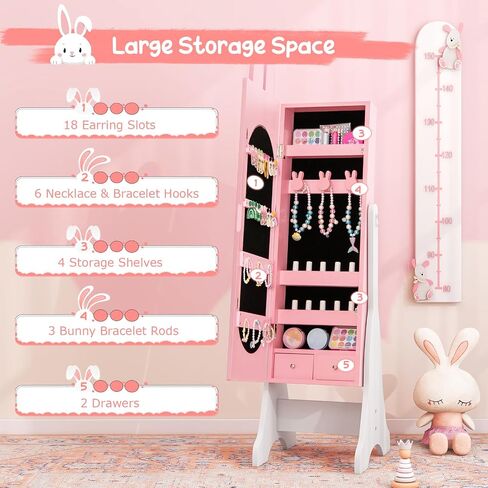خزانة Costzon Kids Jewelry Armoire ، 45 بوصة منظم مع مرآة كاملة الطول ، فستان الغرور للأطفال مرآة مع التخزين ، خزانة للفتيات (الوردي) in Saudi Arabia
