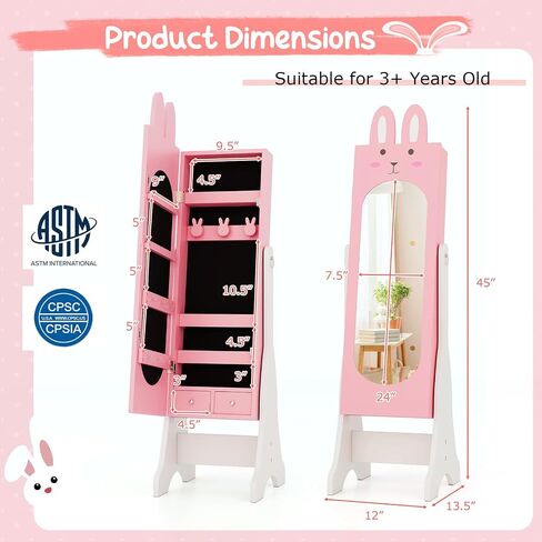 خزانة Costzon Kids Jewelry Armoire ، 45 بوصة منظم مع مرآة كاملة الطول ، فستان الغرور للأطفال مرآة مع التخزين ، خزانة للفتيات (الوردي) in Saudi Arabia
