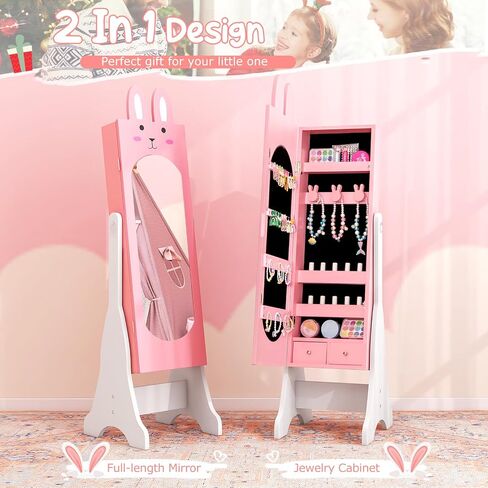 خزانة Costzon Kids Jewelry Armoire ، 45 بوصة منظم مع مرآة كاملة الطول ، فستان الغرور للأطفال مرآة مع التخزين ، خزانة للفتيات (الوردي) in Saudi Arabia
