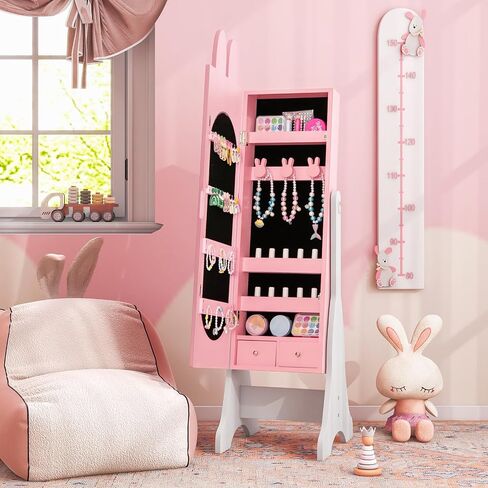 خزانة Costzon Kids Jewelry Armoire ، 45 بوصة منظم مع مرآة كاملة الطول ، فستان الغرور للأطفال مرآة مع التخزين ، خزانة للفتيات (الوردي) in Saudi Arabia