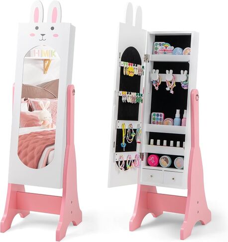 Costzon Kids Jewelry Armoire Cabinet, 45" Standing Organizer with Full-Length Mirror, Kids Vanity Dress Up Mirror with Storage, Cabinet for Girls (Pink) in Kuwait