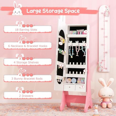 Costzon Kids Jewelry Armoire Cabinet, 45" Standing Organizer with Full-Length Mirror, Kids Vanity Dress Up Mirror with Storage, Cabinet for Girls (Pink) in Kuwait