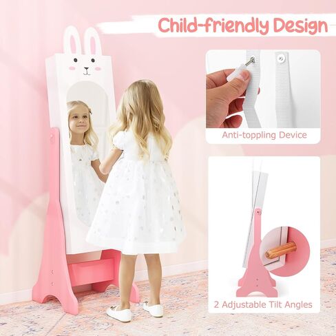 Costzon Kids Jewelry Armoire Cabinet, 45" Standing Organizer with Full-Length Mirror, Kids Vanity Dress Up Mirror with Storage, Cabinet for Girls (Pink) in Kuwait