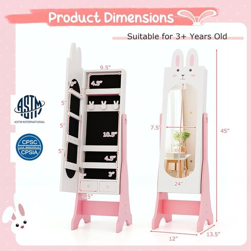 Costzon Kids Jewelry Armoire Cabinet, 45" Standing Organizer with Full-Length Mirror, Kids Vanity Dress Up Mirror with Storage, Cabinet for Girls (Pink) in Kuwait