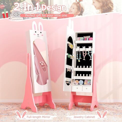 Costzon Kids Jewelry Armoire Cabinet, 45" Standing Organizer with Full-Length Mirror, Kids Vanity Dress Up Mirror with Storage, Cabinet for Girls (Pink) in Kuwait