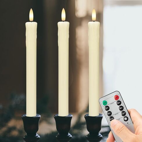 Dripless Flameless Taper Candles with Rmote, 9.6" Real Wax Battery Operated Candles with 3D Wick, 3 Pack Led Candle Flickering Candlesticks for Home, Wedding, Party, Ivory in Saudi Arabia