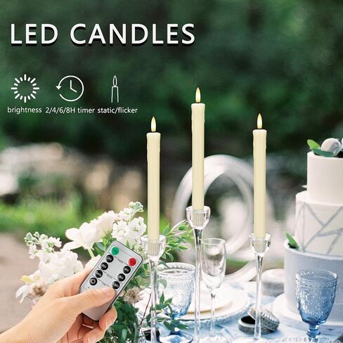 Dripless Flameless Taper Candles with Rmote, 9.6" Real Wax Battery Operated Candles with 3D Wick, 3 Pack Led Candle Flickering Candlesticks for Home, Wedding, Party, Ivory in Saudi Arabia