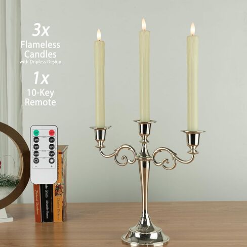 Dripless Flameless Taper Candles with Rmote, 9.6" Real Wax Battery Operated Candles with 3D Wick, 3 Pack Led Candle Flickering Candlesticks for Home, Wedding, Party, Ivory in Saudi Arabia