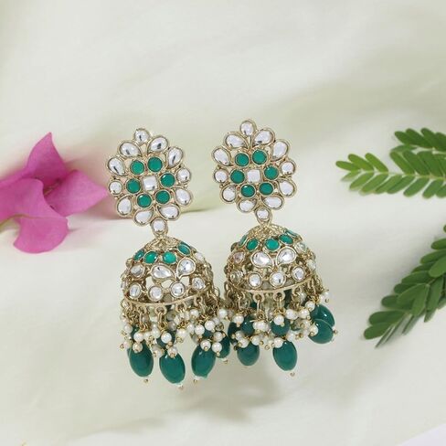I Jewels Gold Plated Indian Wedding Bollywood Handcrafted Kundan & Pearl Jhumka Earrings For Women (E3271G) in Saudi Arabia