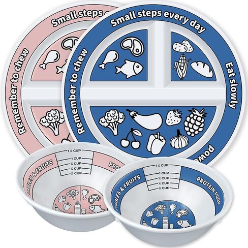 4 Pcs Portion Control Plates & Bowls Set (9 Inch), Self-Measuring for Weight Loss, Gastric Bypass, LapBand, Diabetes, & Healthy Diets, Divided Nutrition Plates for Adults & Children in Saudi Arabia