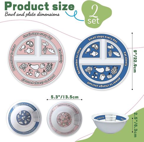 4 Pcs Portion Control Plates & Bowls Set (9 Inch), Self-Measuring for Weight Loss, Gastric Bypass, LapBand, Diabetes, & Healthy Diets, Divided Nutrition Plates for Adults & Children in Saudi Arabia