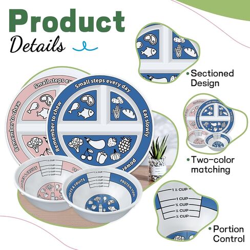4 Pcs Portion Control Plates & Bowls Set (9 Inch), Self-Measuring for Weight Loss, Gastric Bypass, LapBand, Diabetes, & Healthy Diets, Divided Nutrition Plates for Adults & Children in Saudi Arabia