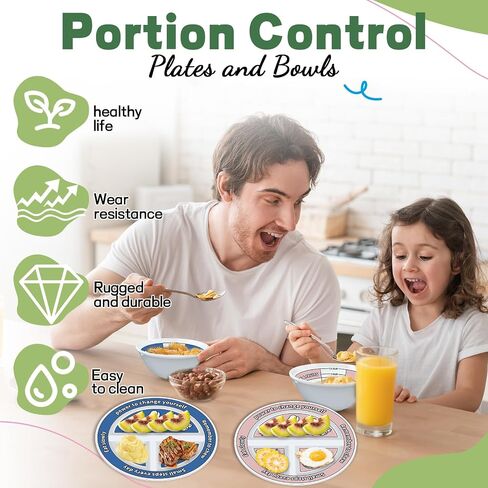 4 Pcs Portion Control Plates & Bowls Set (9 Inch), Self-Measuring for Weight Loss, Gastric Bypass, LapBand, Diabetes, & Healthy Diets, Divided Nutrition Plates for Adults & Children in Saudi Arabia