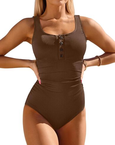 Daci White Women Ribbed One Piece Swimsuits Tummy Control Full Coverage Bathing Suit Cute Button Up Ruched Modest Swimwear L in Saudi Arabia