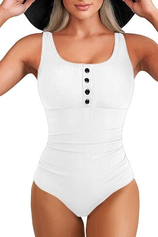 Daci White Women Ribbed One Piece Swimsuits Tummy Control Full Coverage Bathing Suit Cute Button Up Ruched Modest Swimwear L in Kuwait