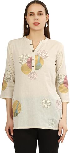 ladyline Women's 100% Cotton Kurta Tunic Top – Designer Embroidered - Henley Neck Shirt - Button Down - Short Kurti in Saudi Arabia