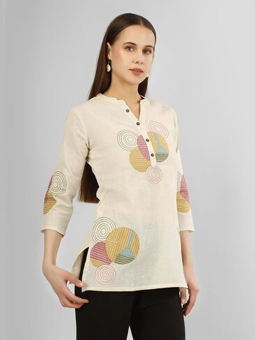 ladyline Women's 100% Cotton Kurta Tunic Top – Designer Embroidered - Henley Neck Shirt - Button Down - Short Kurti in Saudi Arabia