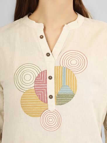 ladyline Women's 100% Cotton Kurta Tunic Top – Designer Embroidered - Henley Neck Shirt - Button Down - Short Kurti in Saudi Arabia