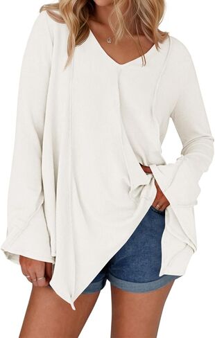 Tankaneo Womens Long Bell Sleeve Tops V Neck Asymmetrical Hem Ribbed Shirts Flowy Trendy Loose Fit Tees Tunic Shirts in Saudi Arabia