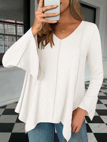 Tankaneo Womens Long Bell Sleeve Tops V Neck Asymmetrical Hem Ribbed Shirts Flowy Trendy Loose Fit Tees Tunic Shirts in Saudi Arabia