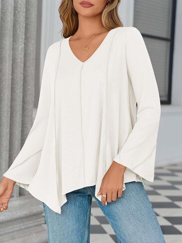 Tankaneo Womens Long Bell Sleeve Tops V Neck Asymmetrical Hem Ribbed Shirts Flowy Trendy Loose Fit Tees Tunic Shirts in Saudi Arabia