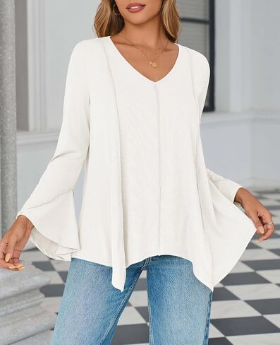 Tankaneo Womens Long Bell Sleeve Tops V Neck Asymmetrical Hem Ribbed Shirts Flowy Trendy Loose Fit Tees Tunic Shirts in Saudi Arabia