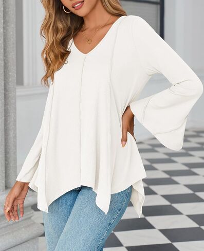 Tankaneo Womens Long Bell Sleeve Tops V Neck Asymmetrical Hem Ribbed Shirts Flowy Trendy Loose Fit Tees Tunic Shirts in Saudi Arabia