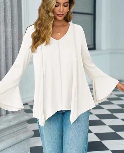 Tankaneo Womens Long Bell Sleeve Tops V Neck Asymmetrical Hem Ribbed Shirts Flowy Trendy Loose Fit Tees Tunic Shirts in Saudi Arabia