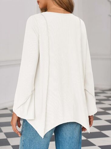 Tankaneo Womens Long Bell Sleeve Tops V Neck Asymmetrical Hem Ribbed Shirts Flowy Trendy Loose Fit Tees Tunic Shirts in Saudi Arabia