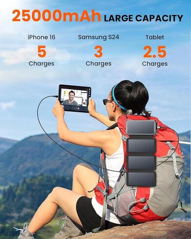 شاحن SOARAISE بالطاقة الشمسية بقدرة 25000 مللي أمبير في الساعة، شاحن محمول لاسلكي، بنك طاقة سريع الشحن بقدرة 20 وات مع 3 كابلات مدمجة، حزمة بطارية هاتف PD QC 3.0 مع 4 ألواح شمسية ومصابيح يدوية للتخييم في الهواء الطلق in Kuwait