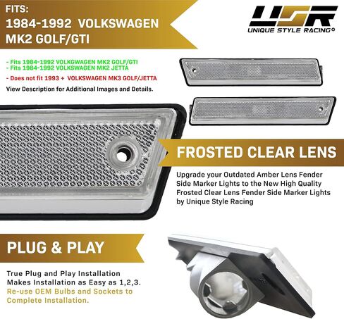 USR 84-92 Golf 2 Smoke Lens Front Side Marker Lights - Front Fender Bumper Sidemarker Parking Lamps (Left + Right) Compatible with 1984-1992 Volkswagen VW Golf II/Jetta/GTi (All Smoke, Pair) in Saudi Arabia