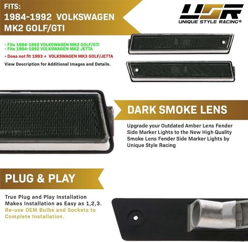USR 84-92 Golf 2 Smoke Lens Side Marker Lights-Frend Fender Protmper Sidemarker Lamps (يسار + يمين) متوافقة مع 1984-1992 فولكس واجن VW Golf II/Jetta/GTI (All Smoke ، Pair) in Kuwait