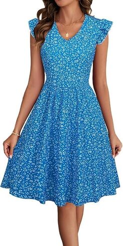 BARASA Women's Summer Dresses V Neck Ruffle Sleeveless Sundress A-line Knee Length Dress Cocktail Party with Pockets D648 in Saudi Arabia