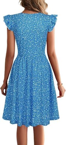 BARASA Women's Summer Dresses V Neck Ruffle Sleeveless Sundress A-line Knee Length Dress Cocktail Party with Pockets D648 in Saudi Arabia