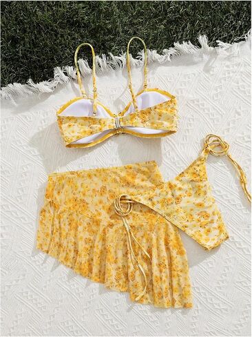 MakeMeChic Women's 3 Piece Bikini Set Floral Metal Decor Tie Side Swimsuit with Cover Up Skirt in Saudi Arabia